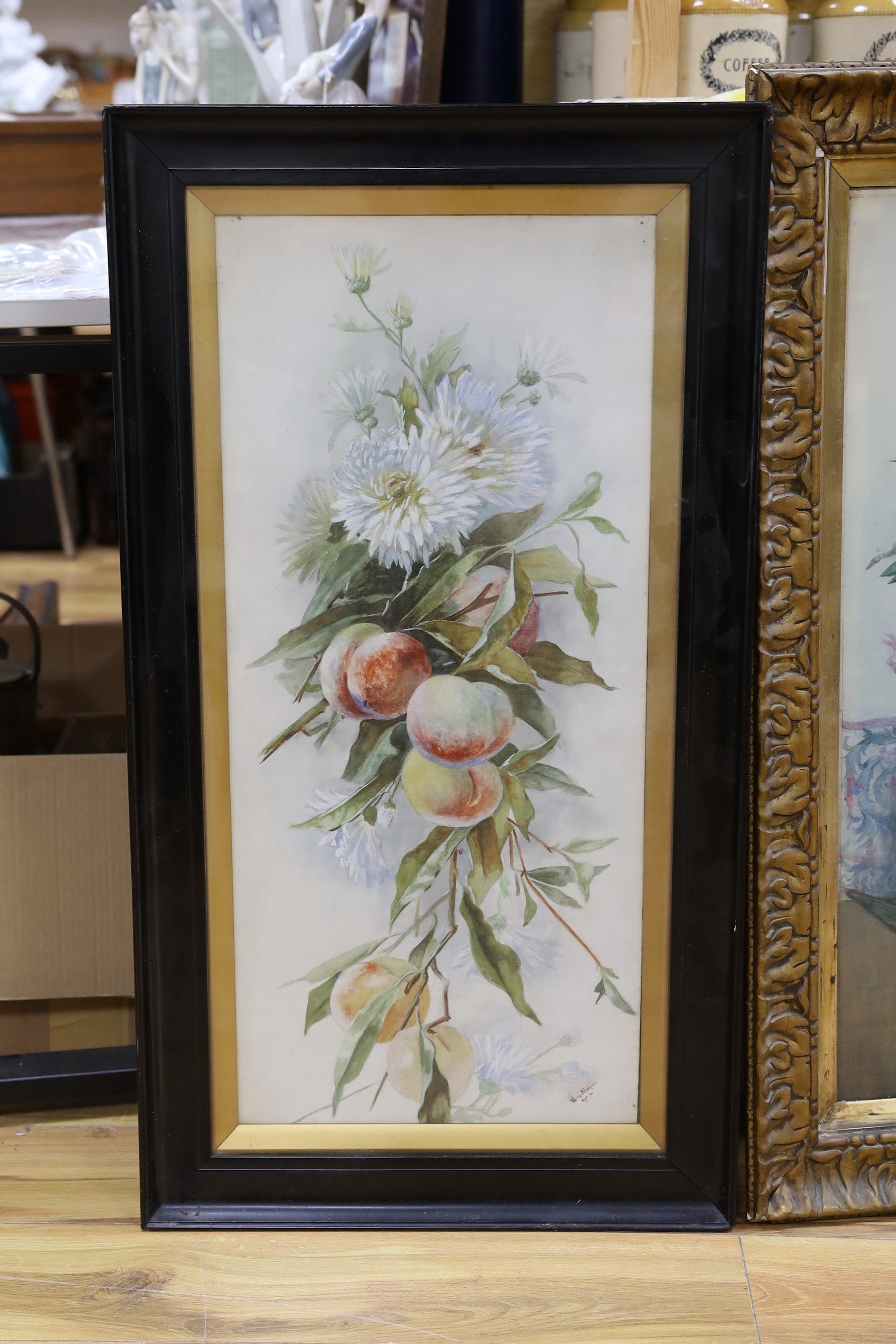 Gwyneth Jones, watercolour, Woodland blossoms, and a similar watercolour by Vera Morgan, both signed, largest 75 x 32cm